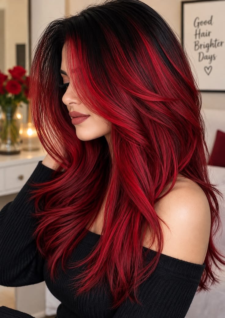 Long, glossy red hair styled in soft waves