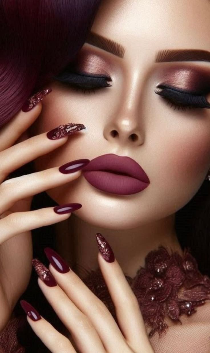 Burgundy nail art and polished beauty look