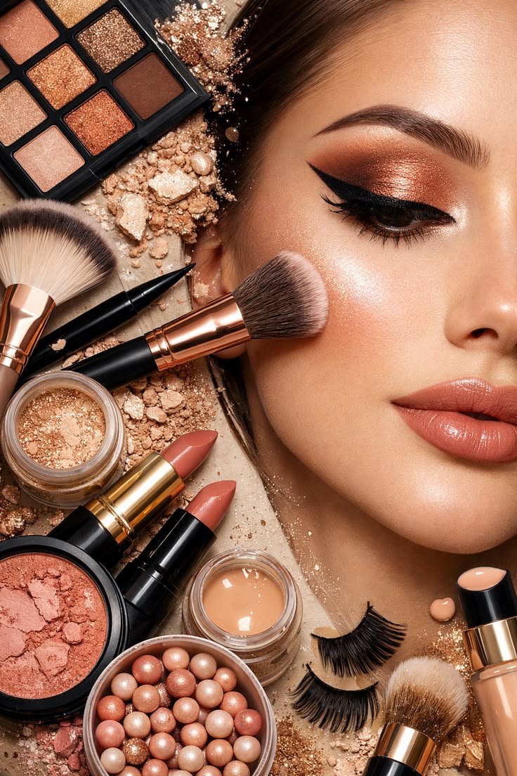 Modern soft-glam makeup with luminous skin and defined eyes